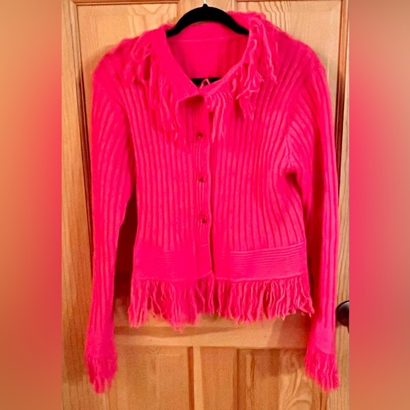SHEIN Fast Fashion Women's Pink Fringed Button Cardigan Barbiecore Boho Grunge - Picture 1 of 9